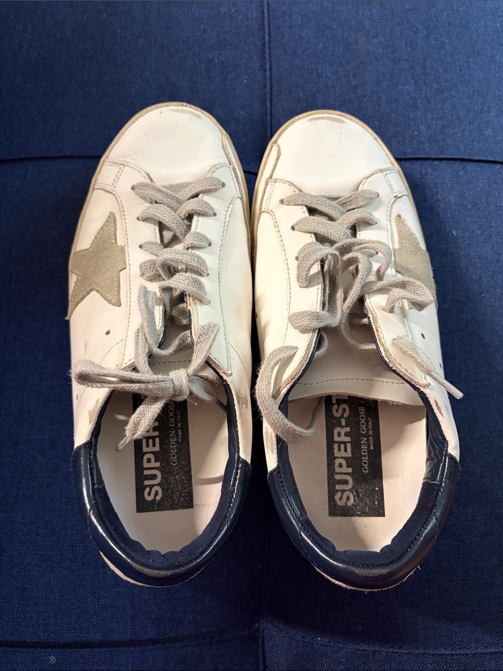 Golden Goose Women’s White Leather Sneakers with Gray Star and Navy Heel